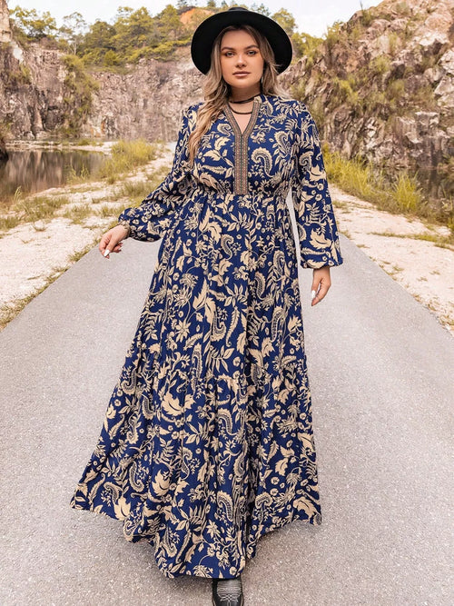 Plus Size Floral Print Long Sleeve Maxi Dress