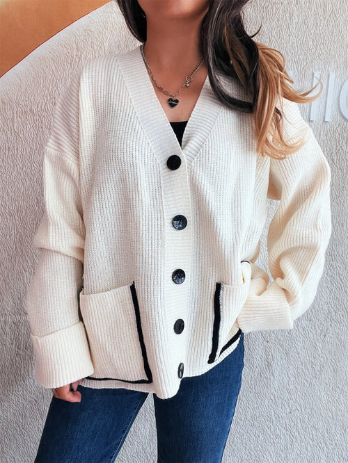 Button-Front Ribbed Cardigan with V-Neck