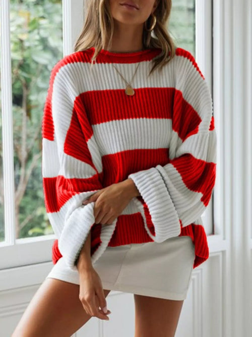 Full Size Contrast Striped Round Neck Sweater Plus Size