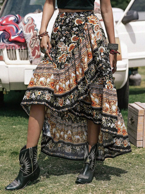Plus Size Boho Floral Print High-Low Skirt