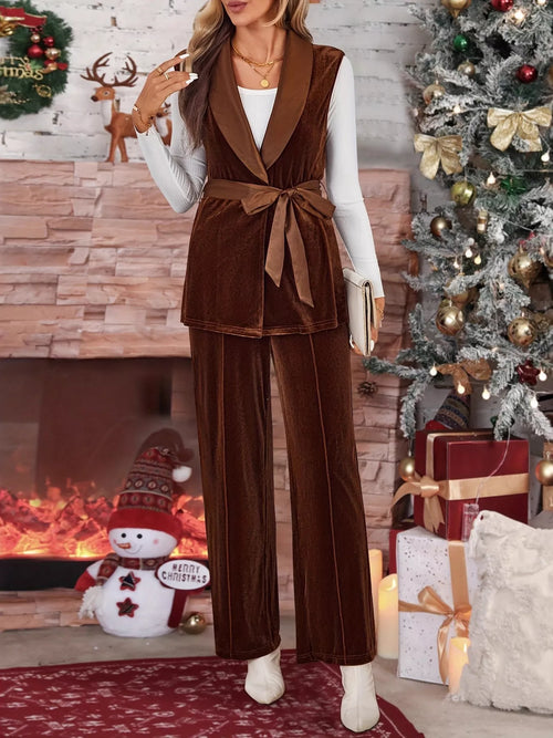 Tie Waist Velvet Vest & Pants Two-Piece Set