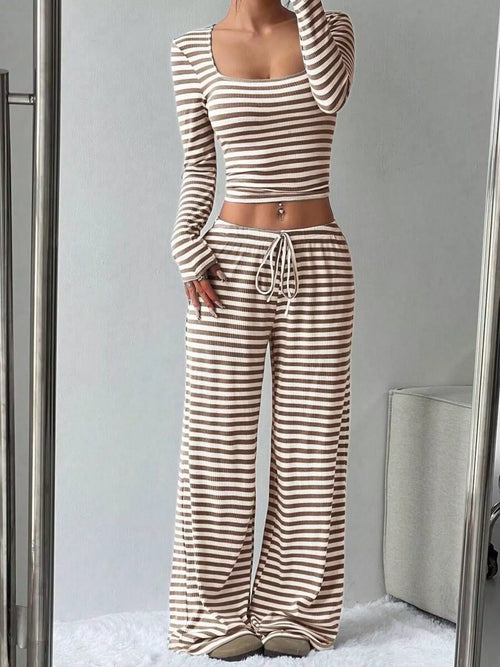 Striped Long Sleeve Crop Top and Wide Leg Pants Set