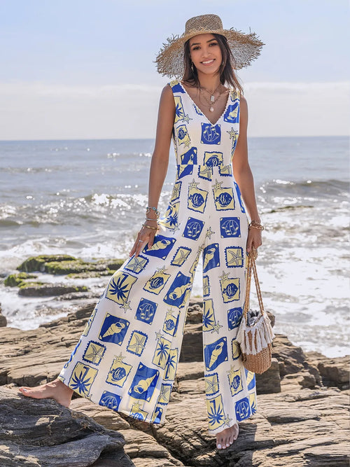Printed V-Neck Wide Leg Jumpsuit