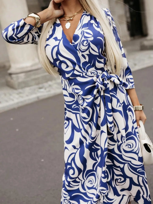 Printed Surplice Long Sleeve Wrap Dress