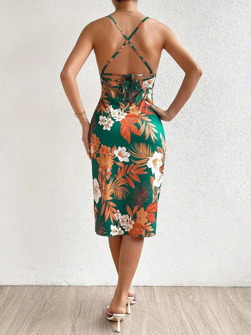 Crisscross Back Floral Print Bodycon Dress