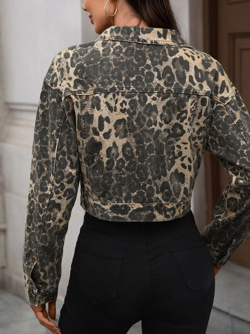 Leopard Button Up Cropped Denim Jacket