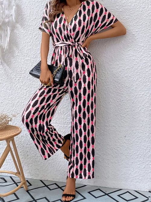 Printed Surplice Tie Waist Short Sleeve Jumpsuit
