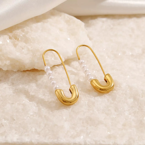 Safety Pin Pearl Accent Earrings