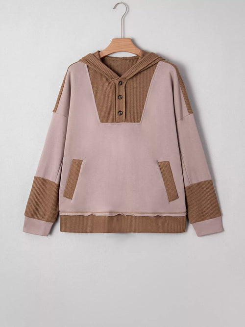 Oversize Waffle Patchwork Exposed Seam Casual Hoodie