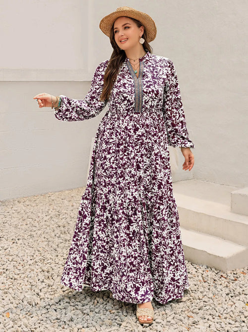 Plus Size Floral Print Maxi Dress with Long Sleeves