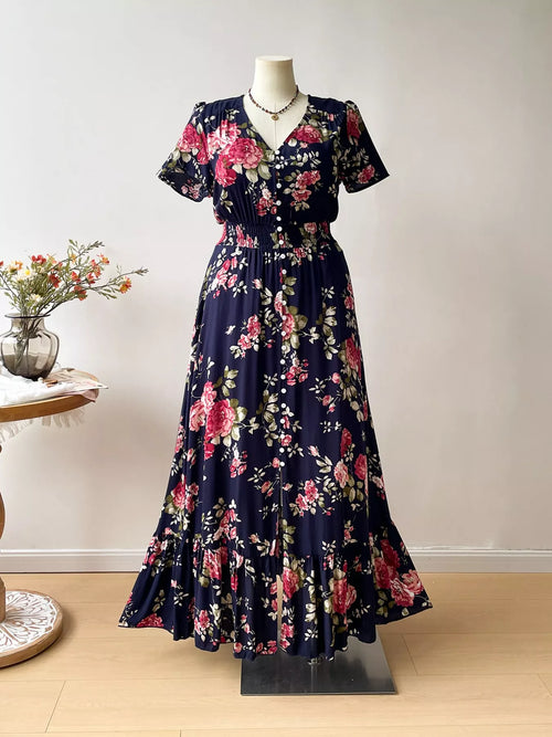 Plus Size Floral Print Short Sleeves V-Neck Dress