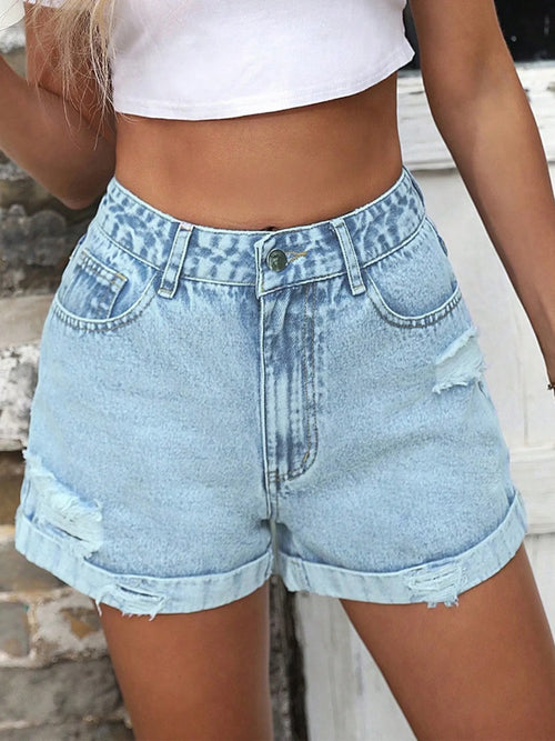 High-Waisted Distressed Denim Shorts