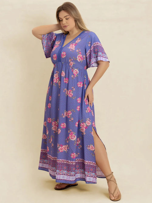 Plus Size Printed V-Neck Flutter Sleeve Dress