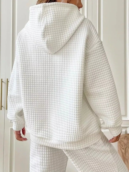 Waffle Knit Hoodie with Drawstring Details