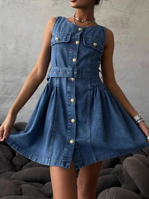 Button Down Sleeveless Denim Dress with Belted