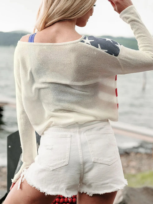 Perfee US Flag Boat Neck Long Sleeve Knit Top
