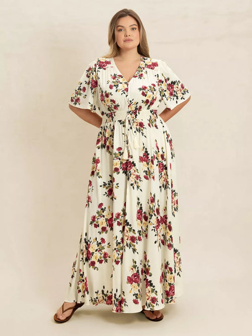 Plus Size Floral Flutter Sleeve Maxi Dress with Button Front