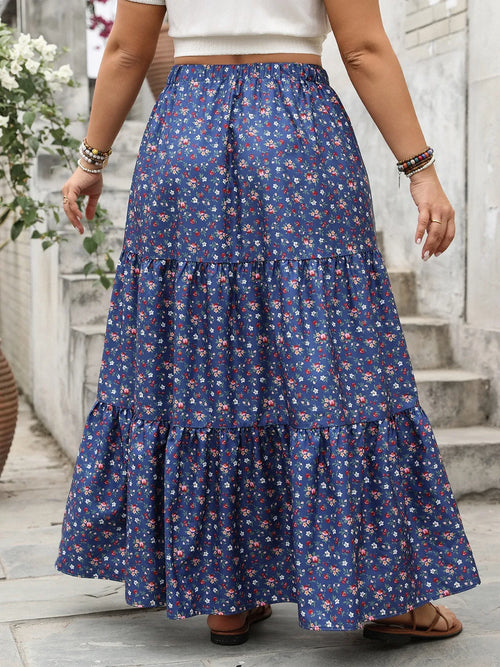 Plus Size Floral Elastic Waist Maxi Skirt