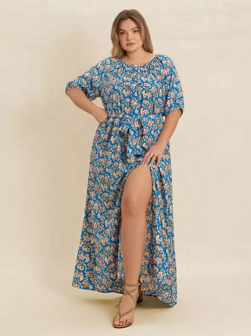 Plus Size Floral Print Maxi Dress with Side Slit