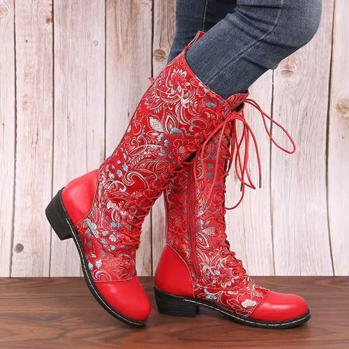 Embroidered Lace-Up Block Heel Boots
