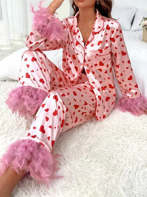 Heart Print Button Up Top and Pants Lounge Set