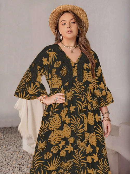 Plus Size Lace Detail Tropical Print Three-Quarter Sleeve Maxi Dress