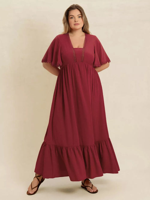 Plus Size Lace Detail Flutter Sleeve Maxi Dress