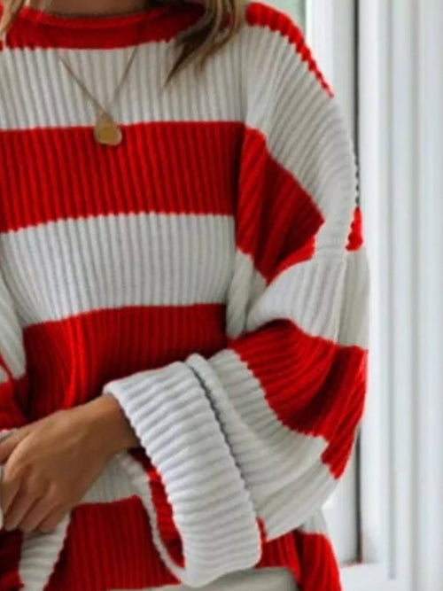 Full Size Contrast Striped Round Neck Sweater Plus Size