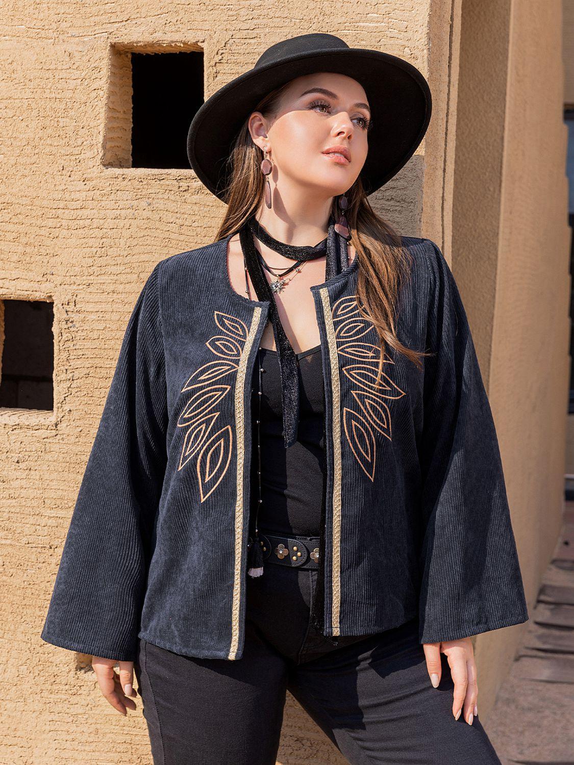 Plus Size Embroidered Open Front Jacket - ALL CLASSY GIRLS